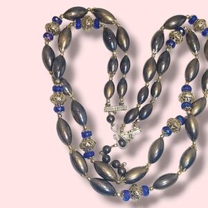 Vintage Silver Tone Bead Necklace Two Strand Blue Crystal Filigree Beads 21"